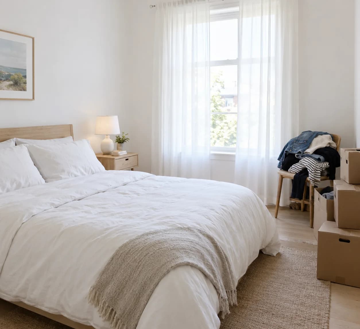 A living room with clutter on the side table