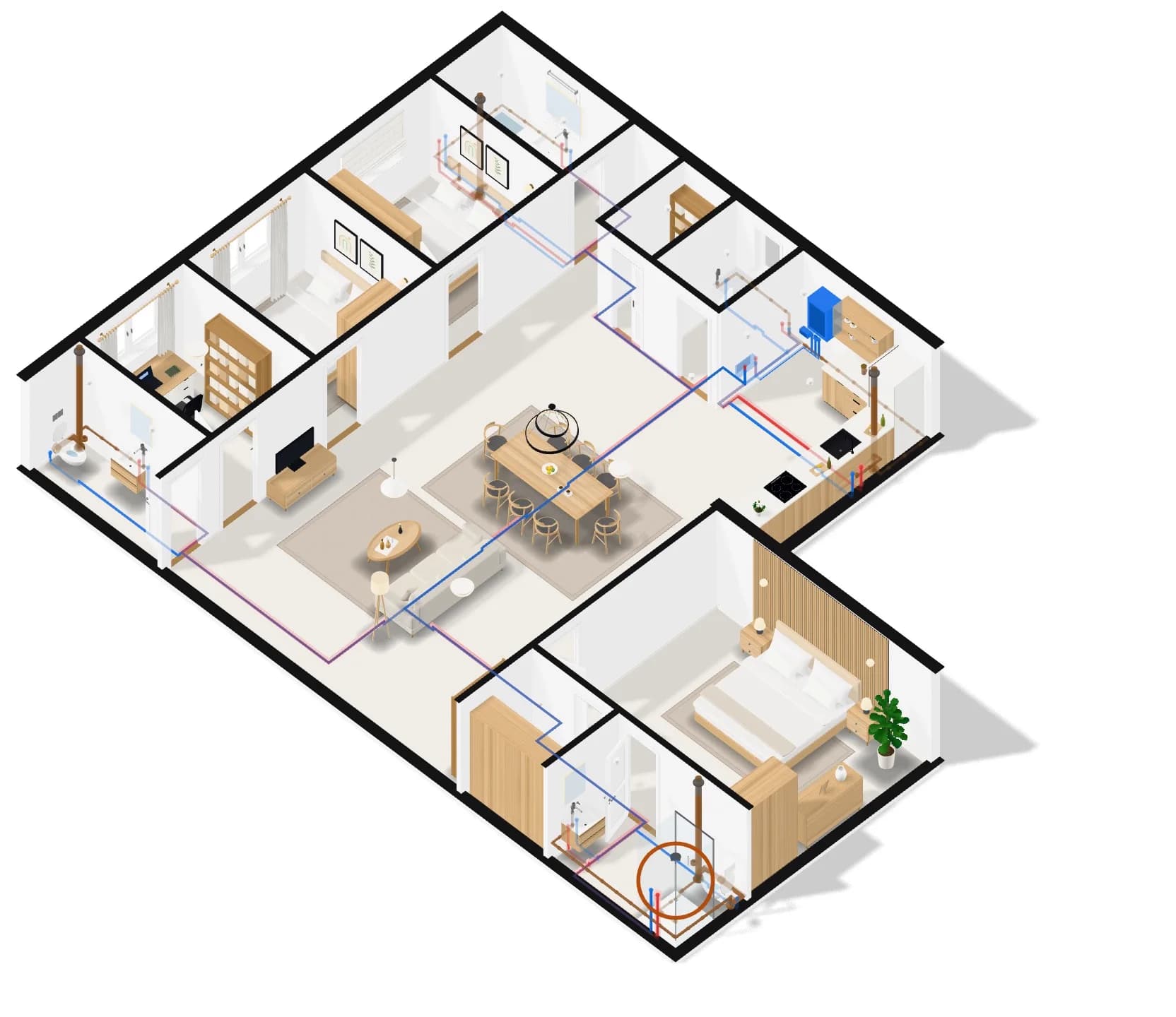 The whole home in 3D with its plumbing alone on it