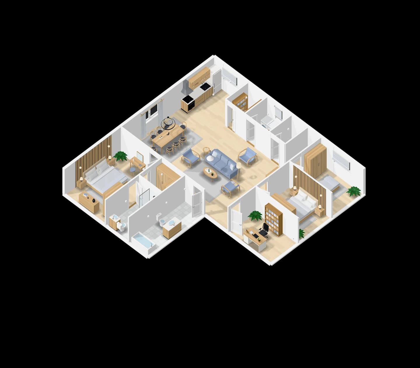 A plan rebuilt from a picture, furnished, in 3D
