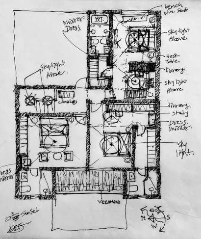 A floor plan sketched by hand on paper