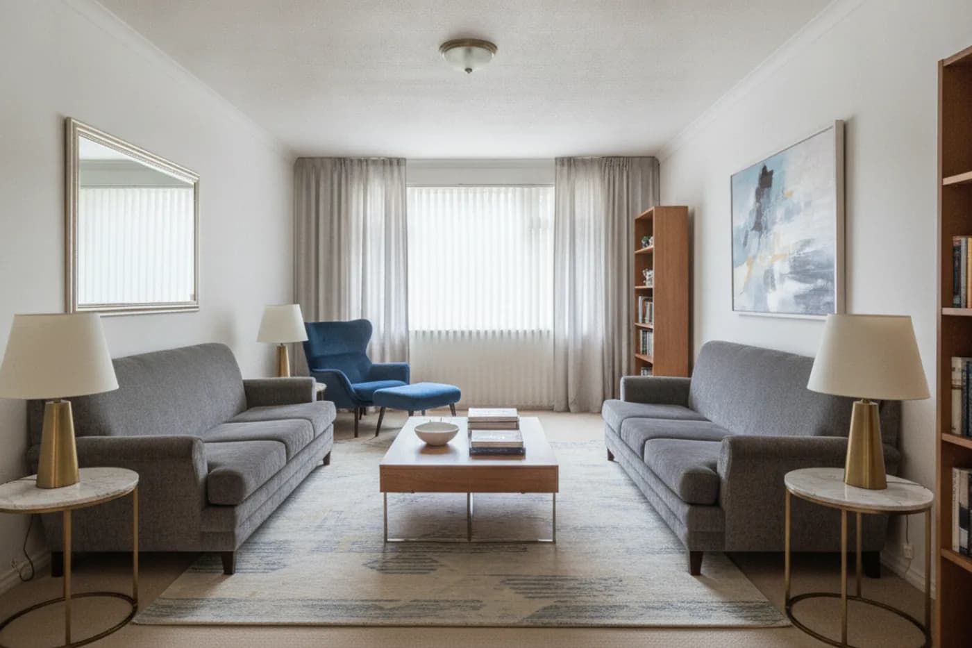 The same room with two gray sofas facing each other across a coffee table on a large rug, and a blue armchair by the window