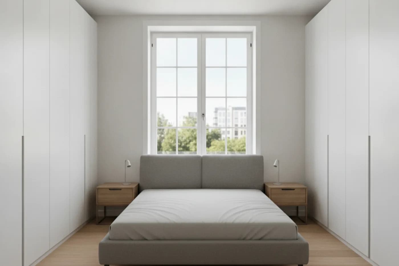 A narrow bedroom with a low gray bed centered under a tall window, a small nightstand on each side and floor-to-ceiling white wardrobes along both side walls