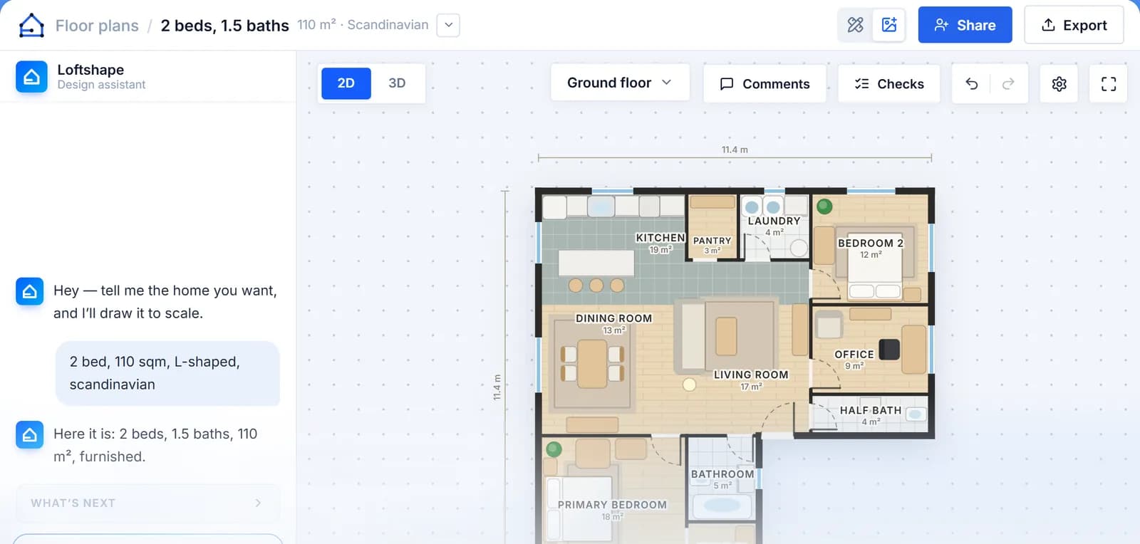 The Loftshape studio: a two-bedroom house plan drawn to scale from one sentence, furnished, with the chat that asked for it