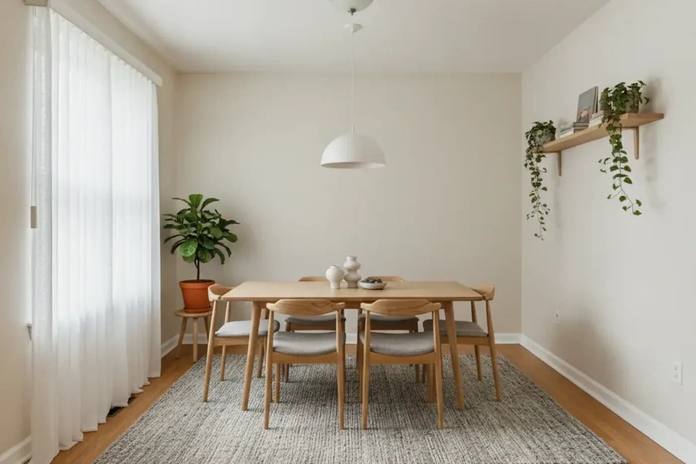 A dining room with a light wood table and six chairs on a gray rug, a white pendant light above, sheer curtains on the left and a shelf with trailing plants