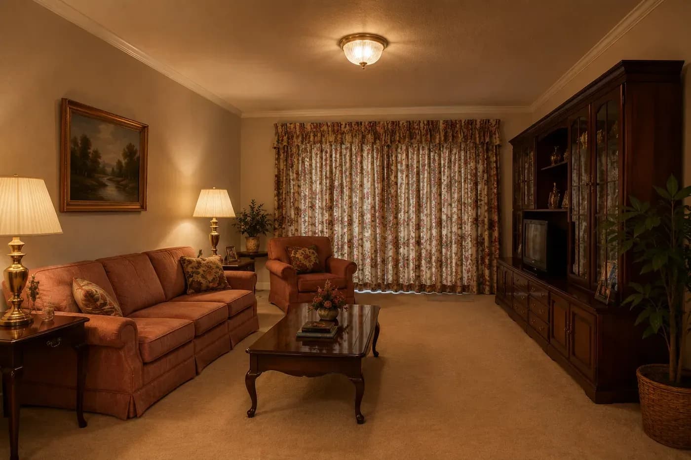 A warmly lit living room with a rose skirted sofa, a dark wood coffee table with curved legs, brass lamps, floral curtains and a tall dark wood cabinet