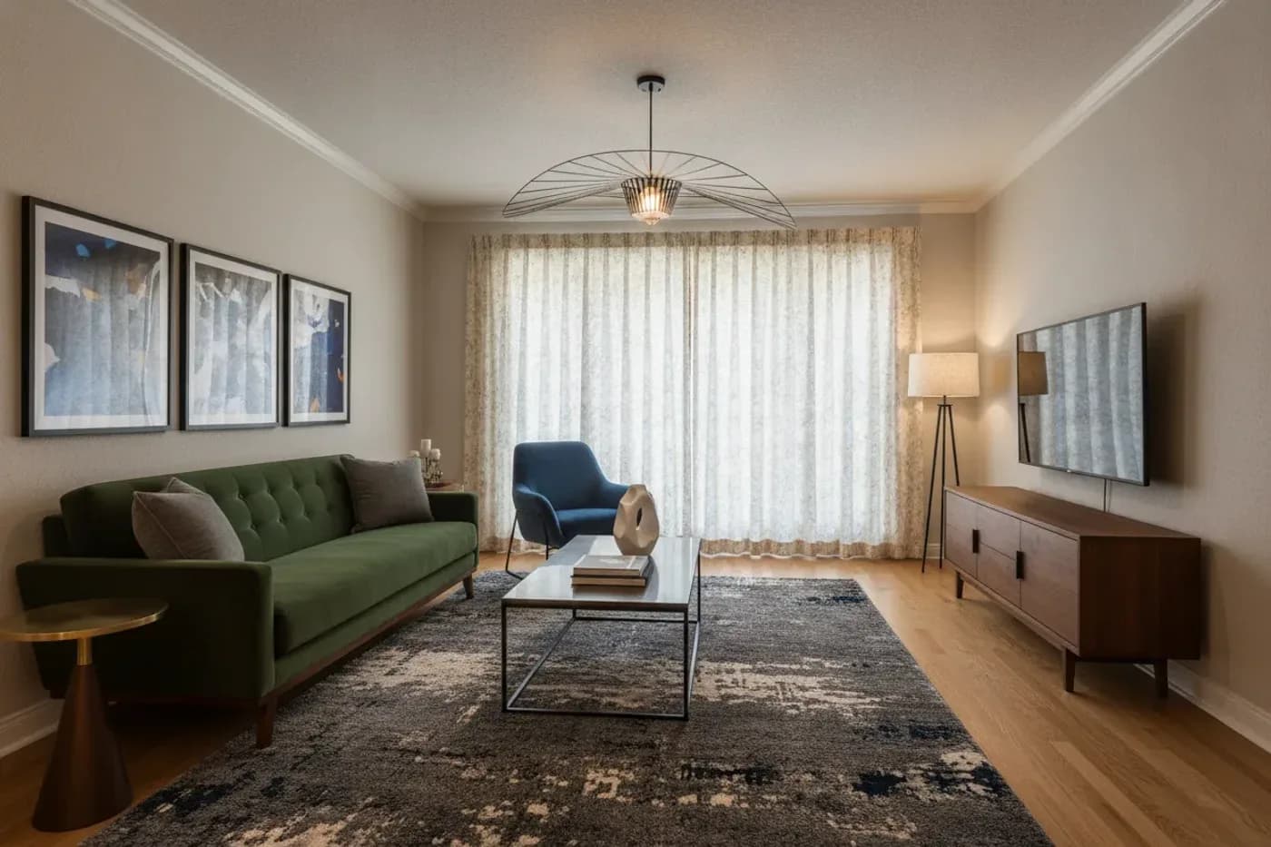 A living room with a green tufted sofa, a blue armchair, a metal-framed coffee table, a dark patterned rug, a walnut media unit and a wire pendant light