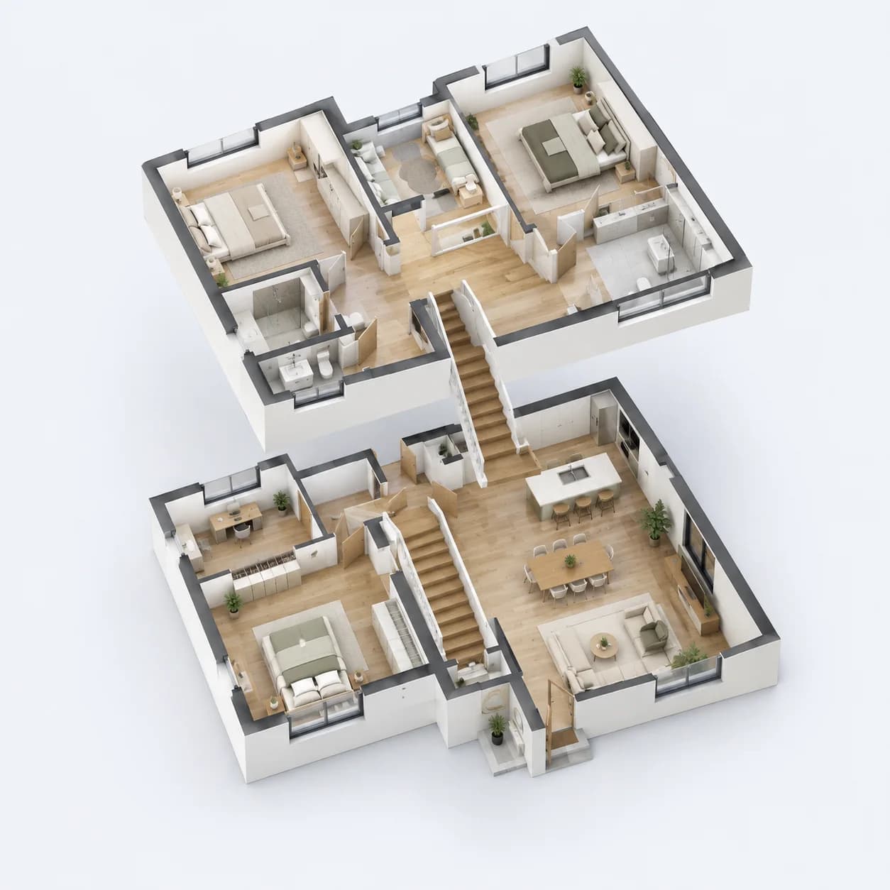 A two-storey home, its floors apart, joined by stairs