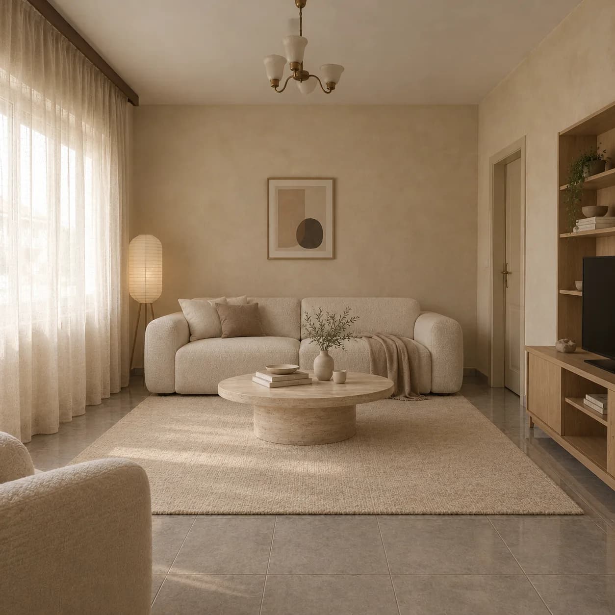 The same living room redesigned in a warm minimal style