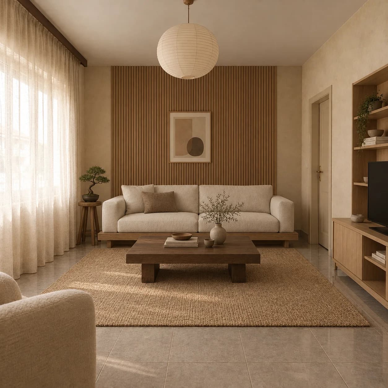 The same living room redesigned in the japandi style