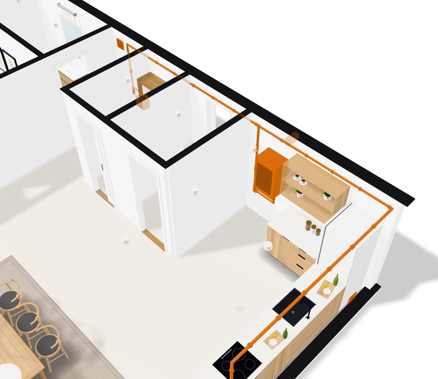 The kitchen close up, with the gas line to the hob and boiler