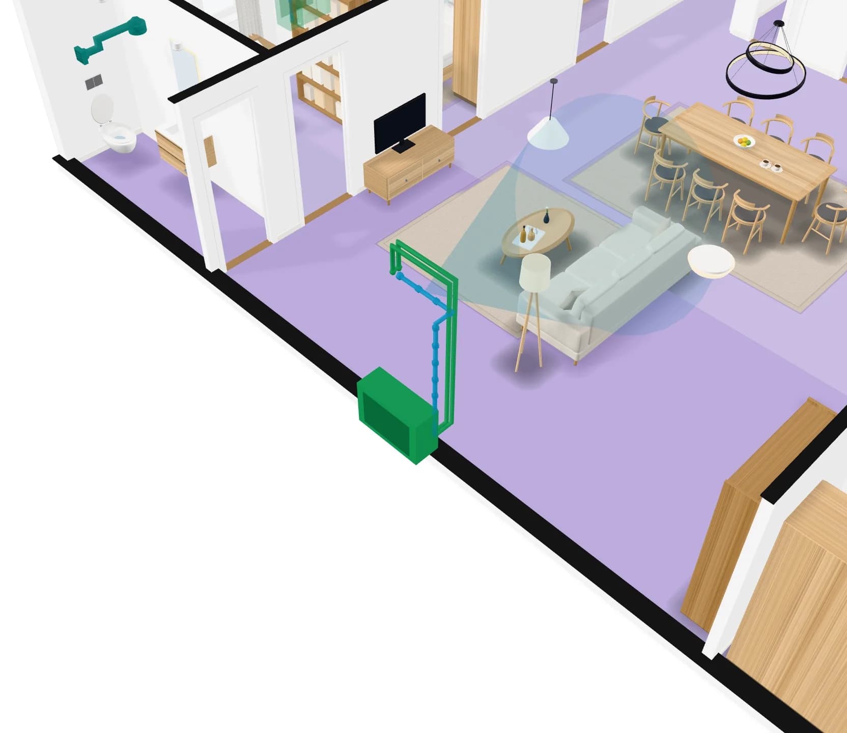 The living room close up, with its unit and outdoor unit