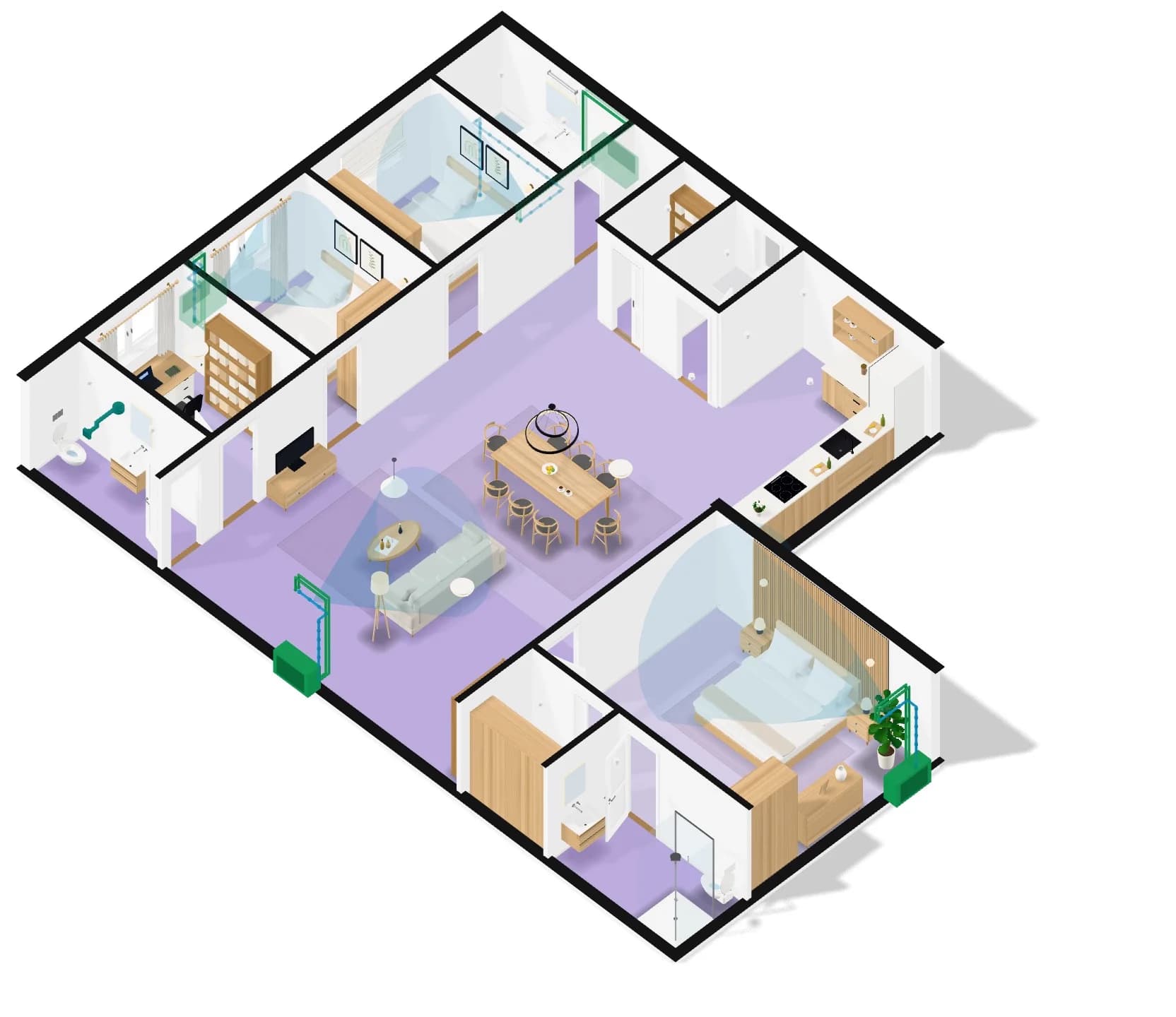 The whole home in 3D with each room tinted by its cooling load