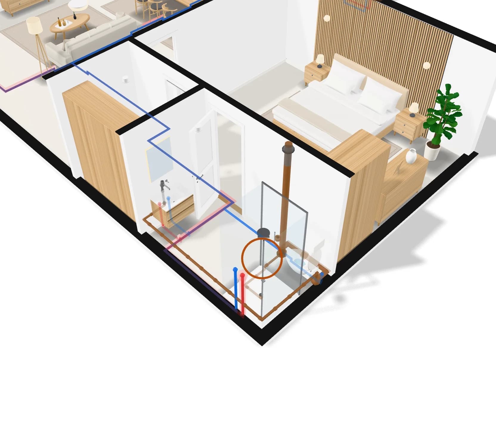 A bathroom close up, with its supplies, drains and stack