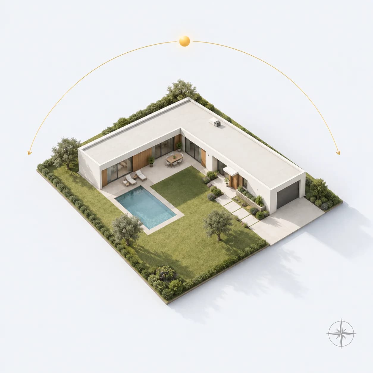 A home with the path of the sun over it