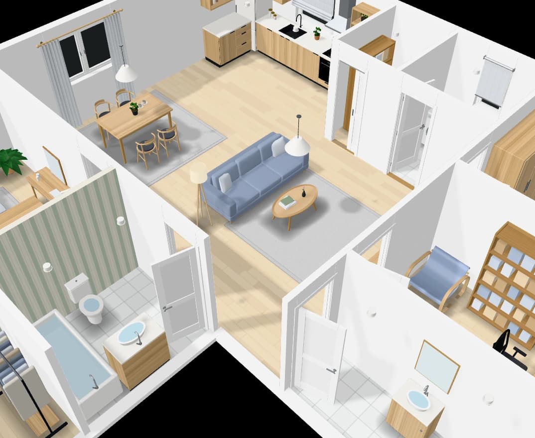 A bedroom of the same home, close up in 3D