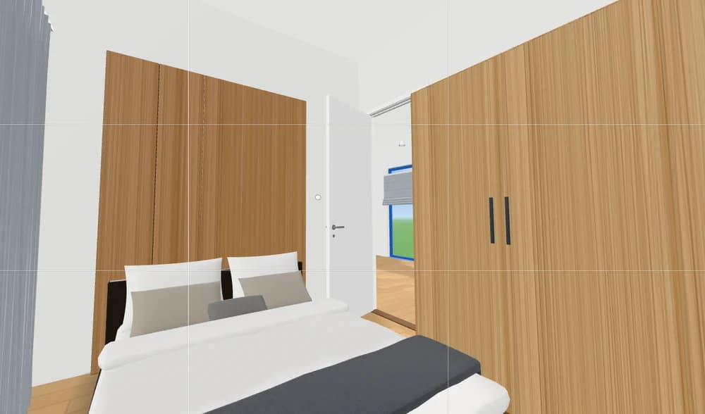 A bedroom seen at eye height in the 3D view
