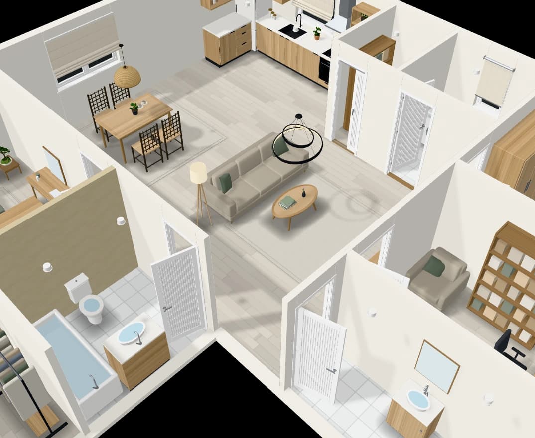 A home furnished in the japandi style, in 3D
