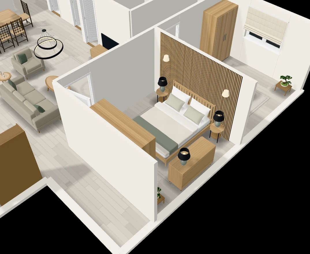 The same bedroom furnished in the japandi style