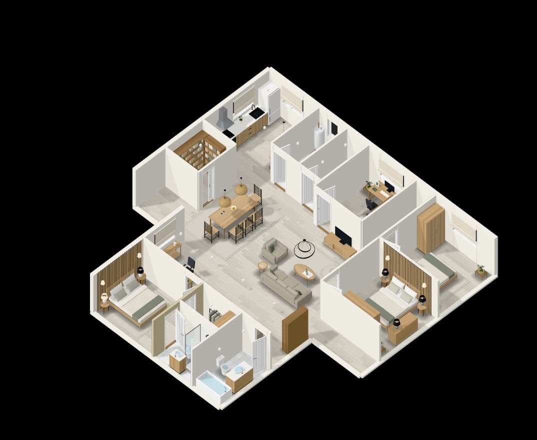 A three-bedroom T-shaped home in japandi style, furnished, in 3D