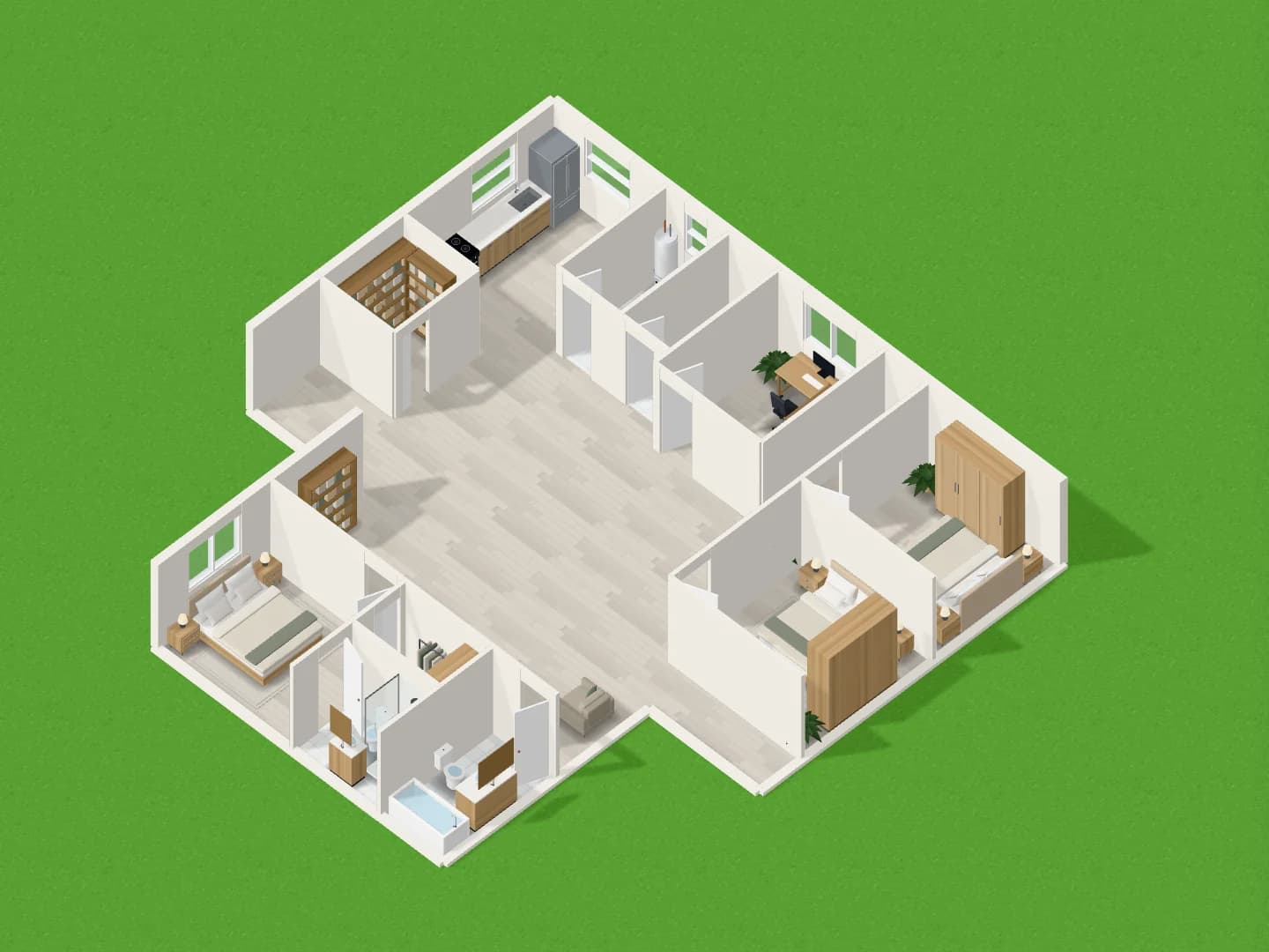 A furnished floor plan in the loftshape 3D view, seen from above with the roof off