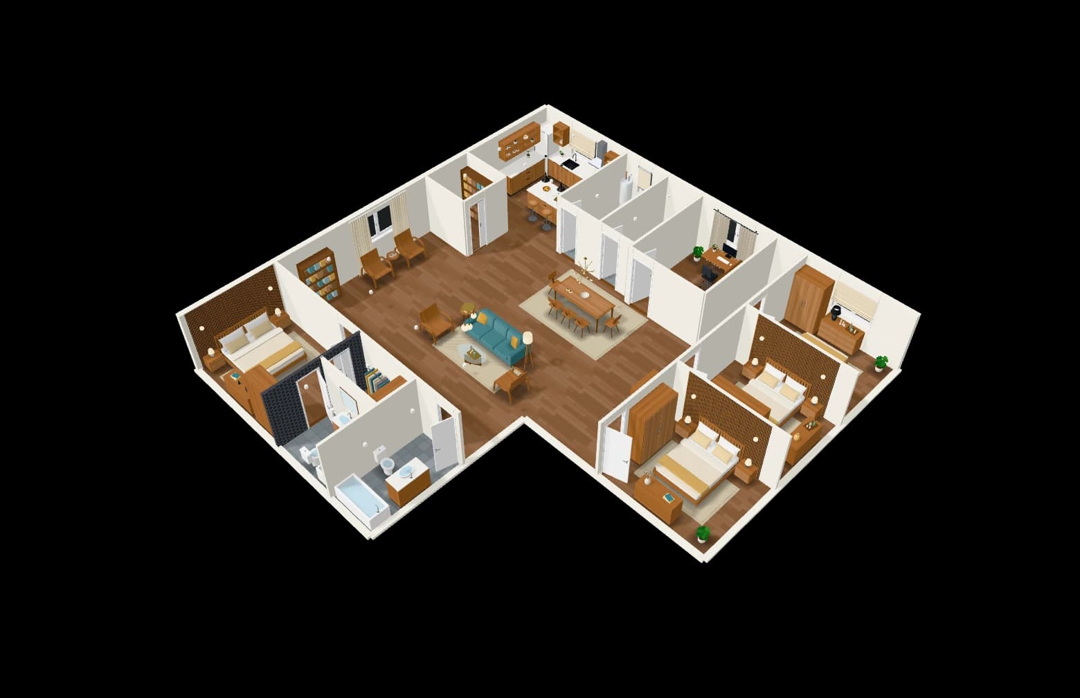 A furnished L-shaped home seen from above in 3D with the roof removed, showing three bedrooms, a living and dining area, a kitchen, a study and two bathrooms.