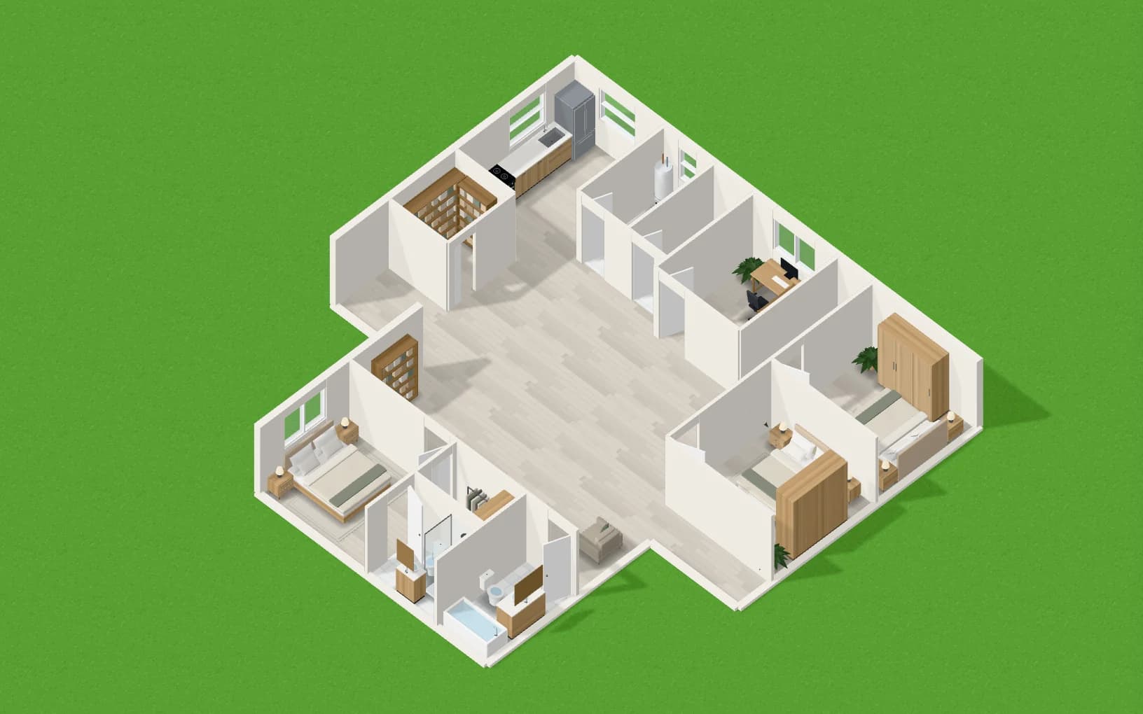 A furnished single-story home seen from above at an angle with the roof removed, showing bedrooms, bathrooms, a kitchen and a central living space.