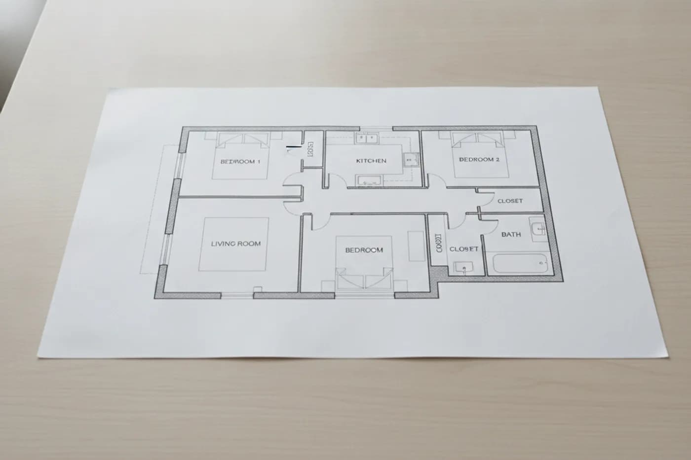 A printed black-and-white floor plan of a three-bedroom home lying on a pale wooden desk, with thick outer walls, door swings and room labels.