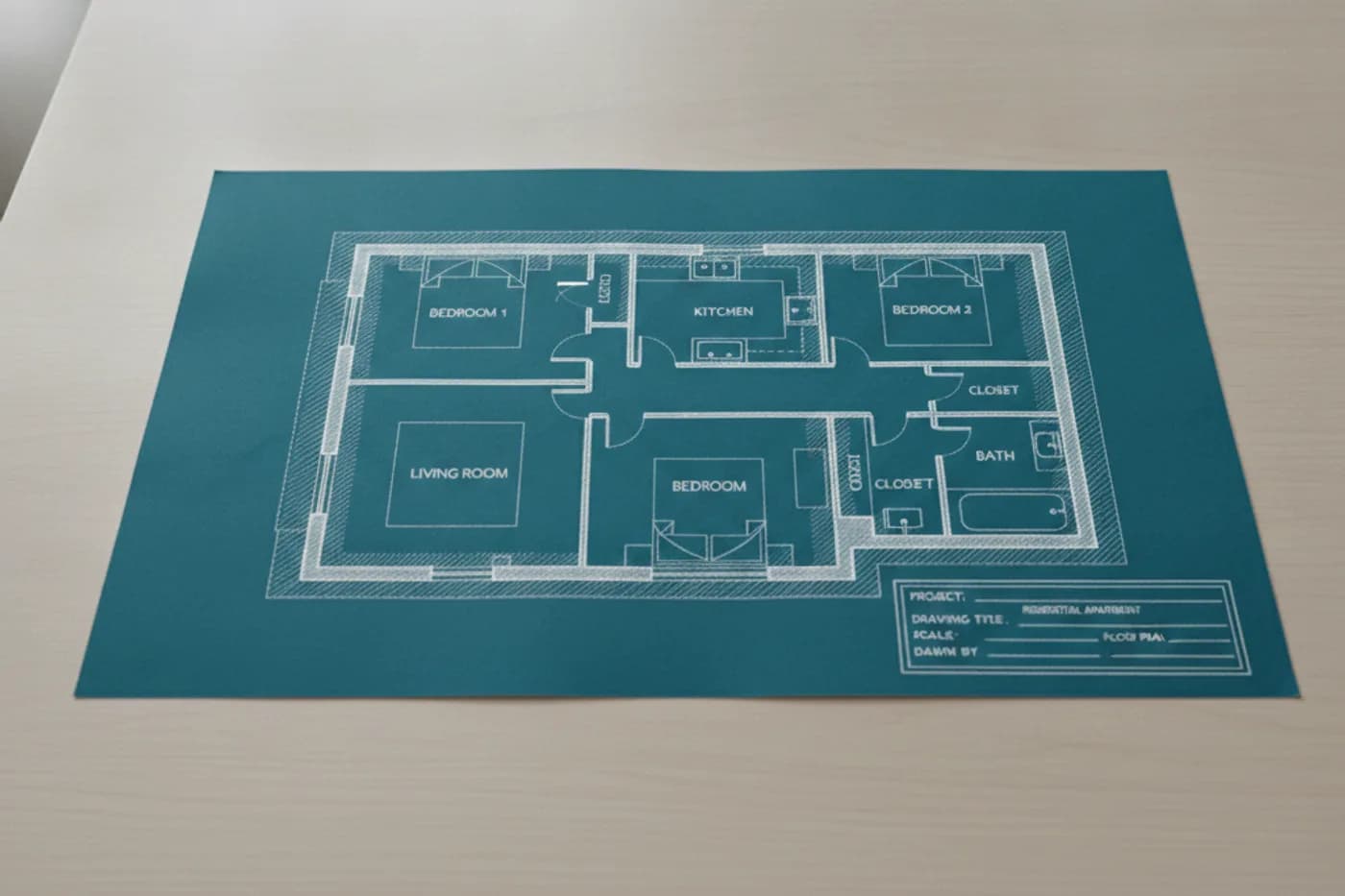 The same floor plan printed as a blueprint, white lines on a blue-green sheet, with a title block in the lower right corner