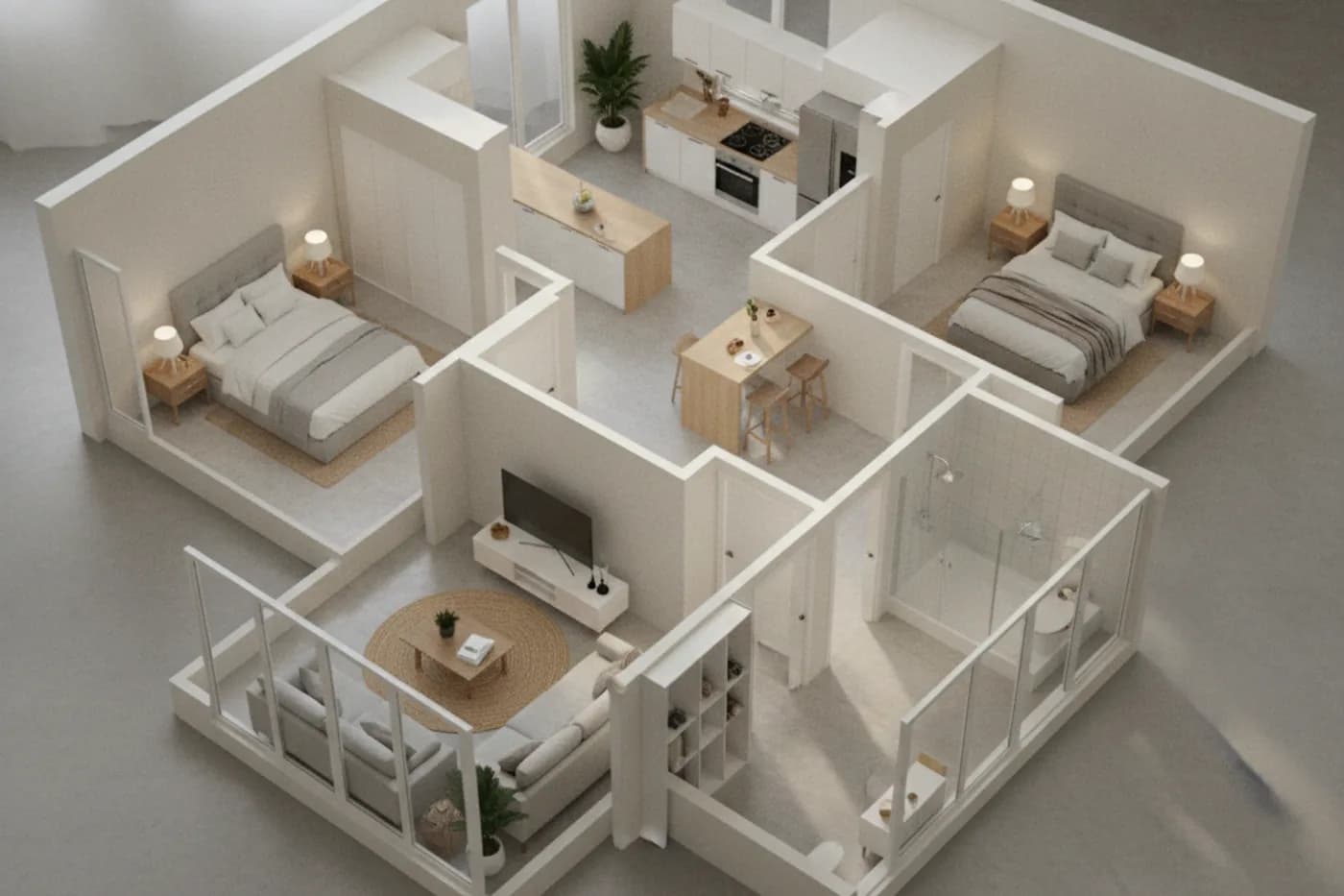 A printed floor plan on a desk with each room washed in a different pale watercolor, showing furniture symbols, door swings and room labels.
