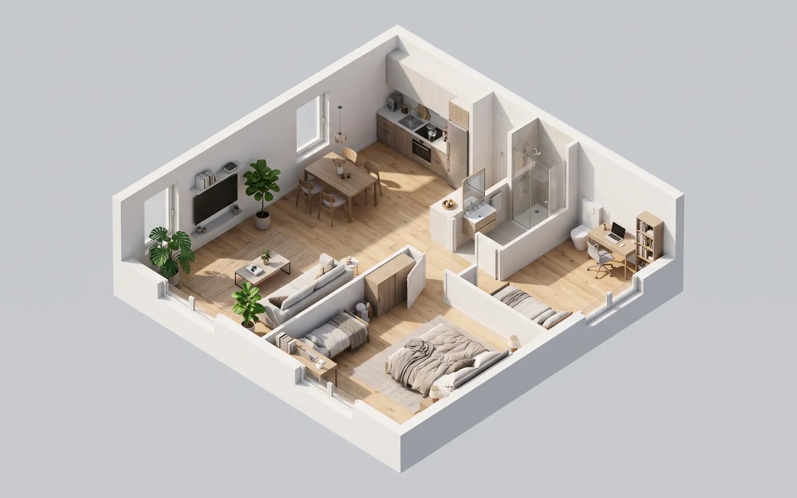 A furnished apartment floor plan shown in 3D, cut away from above