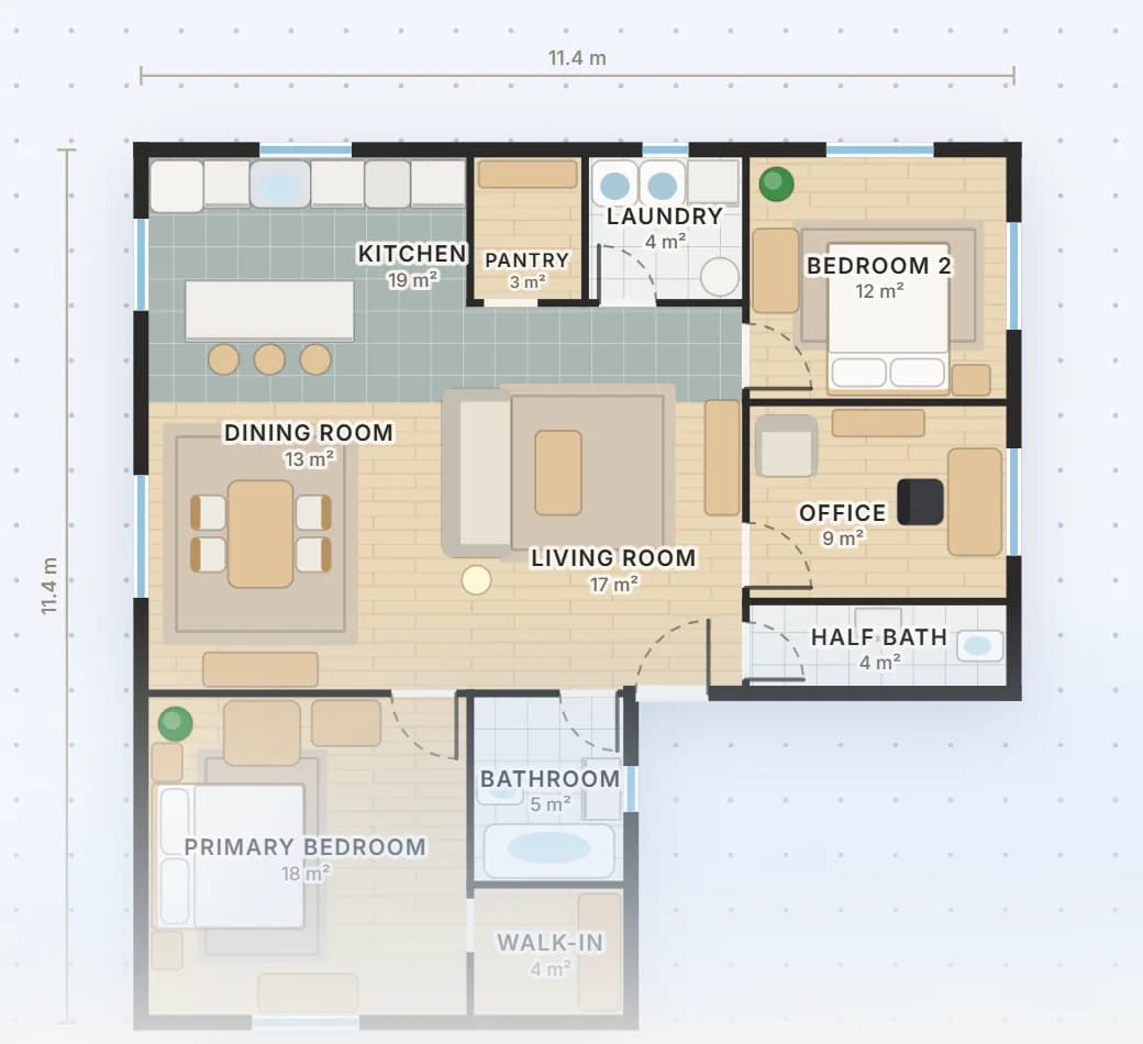 A floor plan in the Loftshape editor: walls, doors, windows, room names and areas, furnished and to scale