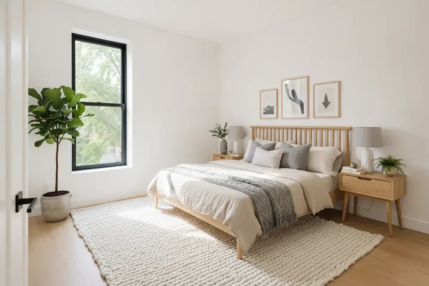The same empty bedroom staged in a Scandinavian style: a light wood spindle bed, gray and cream bedding, a chunky cream rug, a fiddle-leaf fig and three framed prints