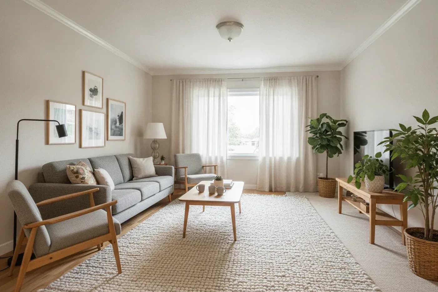 A living room in a Scandinavian style with a gray sofa, light wood armchairs and coffee table, a chunky cream rug, sheer curtains and potted plants.