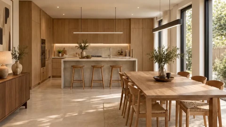 A kitchen and dining shot with a camera move