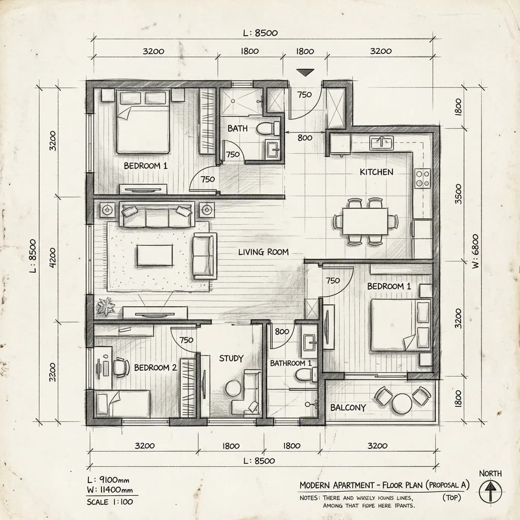A floor plan sketched in pencil