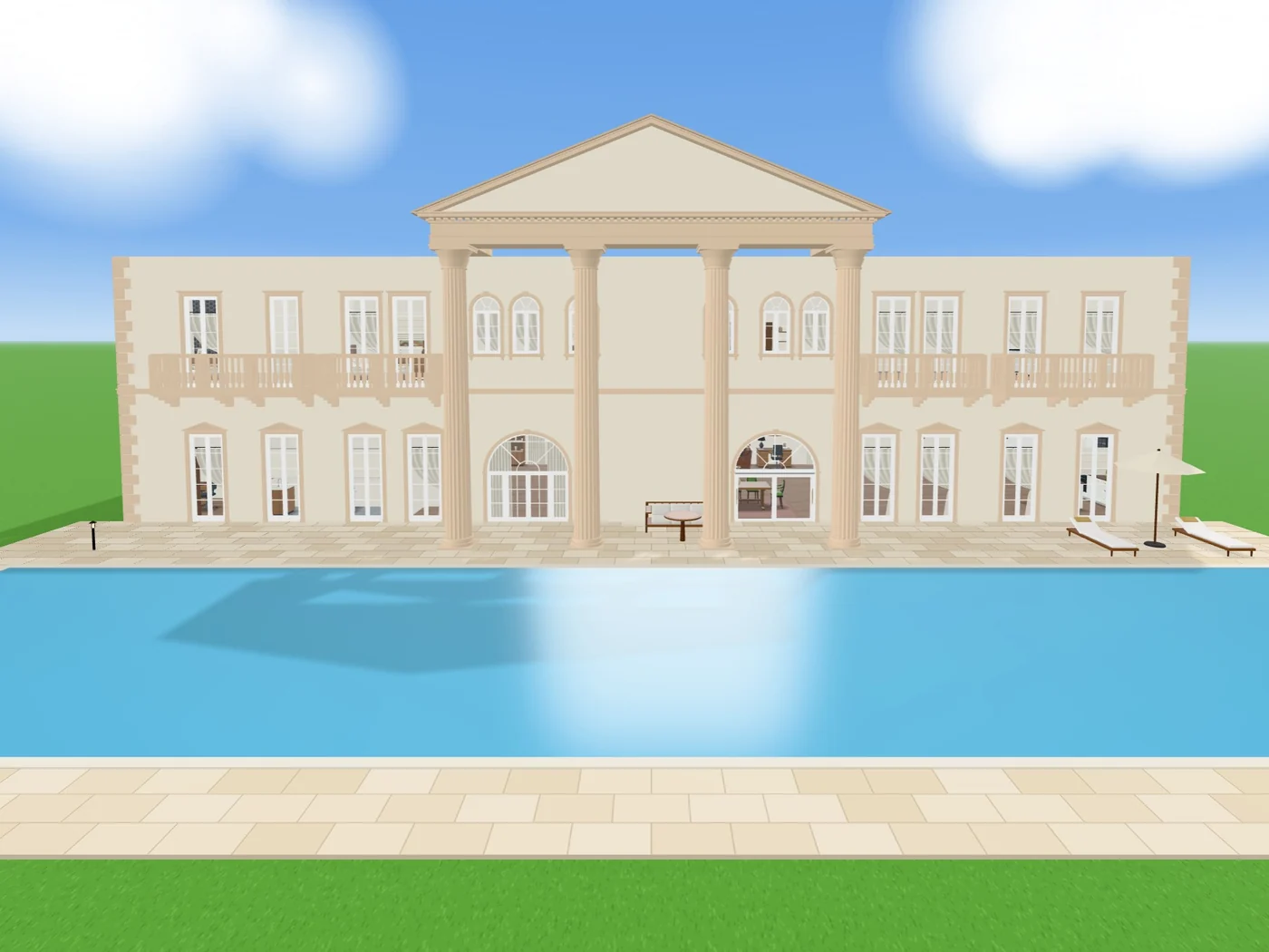 A classical villa, across its pool: the home the studio built, in its 3D view
