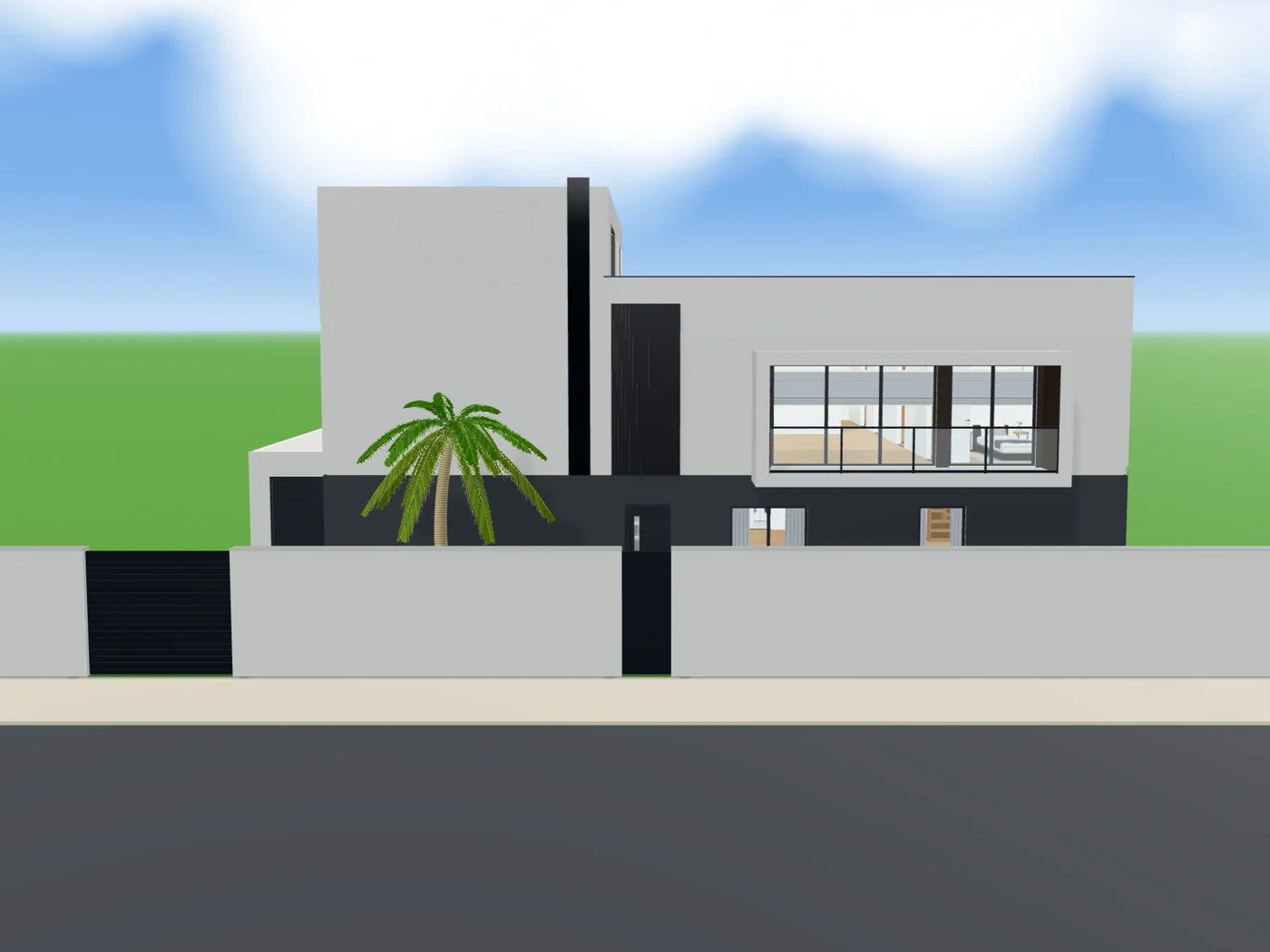 A modern villa, from the street: the home the studio built, in its 3D view