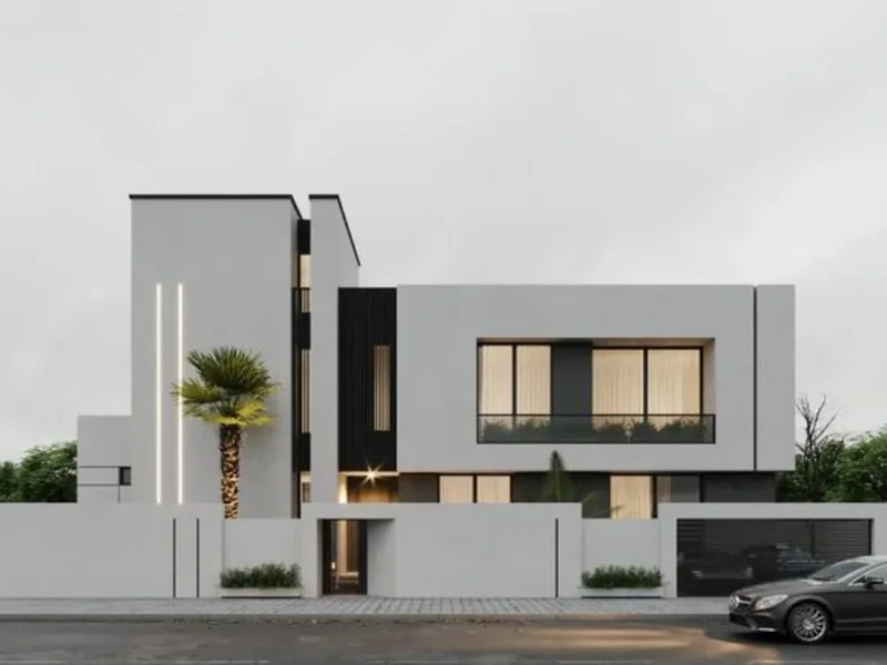 A modern villa, from the street: the photograph that was uploaded